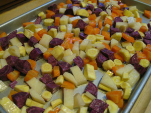 Parsnips, carrots, a purple sweet potato and Yukon potato